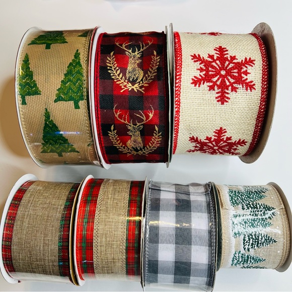 Lot of  7 Christmas New & Used Ribbon Wired & Non Wired, Various Types & Widths - Picture 1 of 11